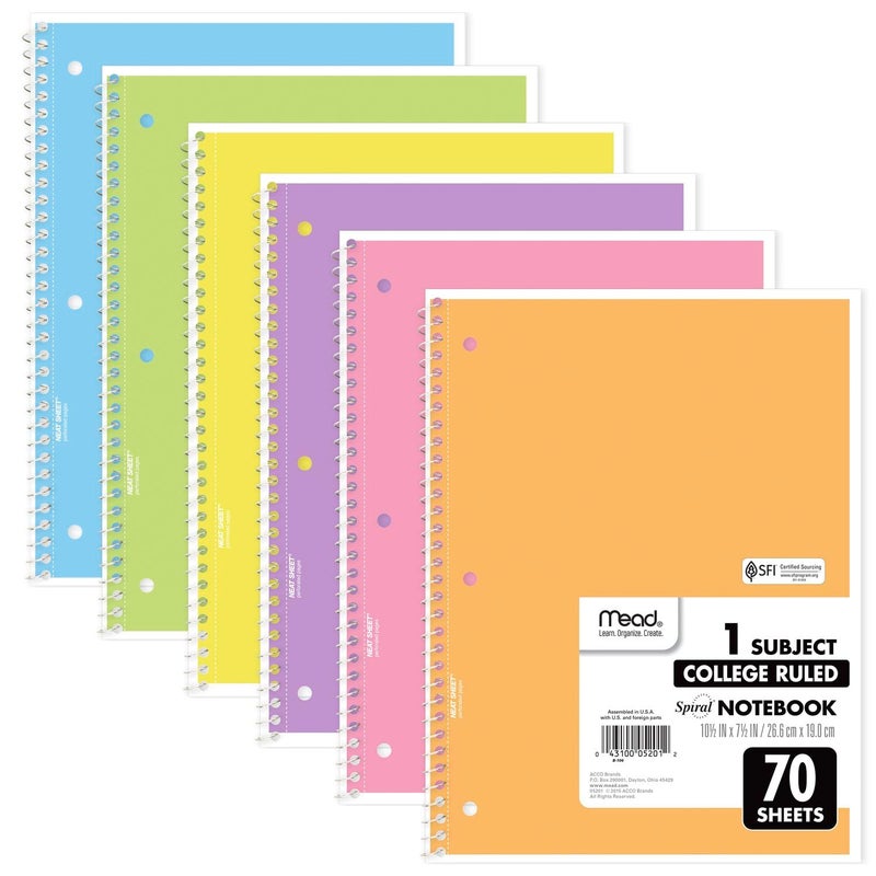Mead Spiral Notebooks, 6 Pack, 1-Subject, College Ruled Paper, 8"" x 10-1/2"", 70 Sheets, Assorted Pastel Colors (830049) - Image 1